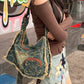 Y2K Vintage Denim Crossbody Bag with Star Print, Frayed Grunge Shoulder Bag for Women, Retro Streetwear Tote Handbag