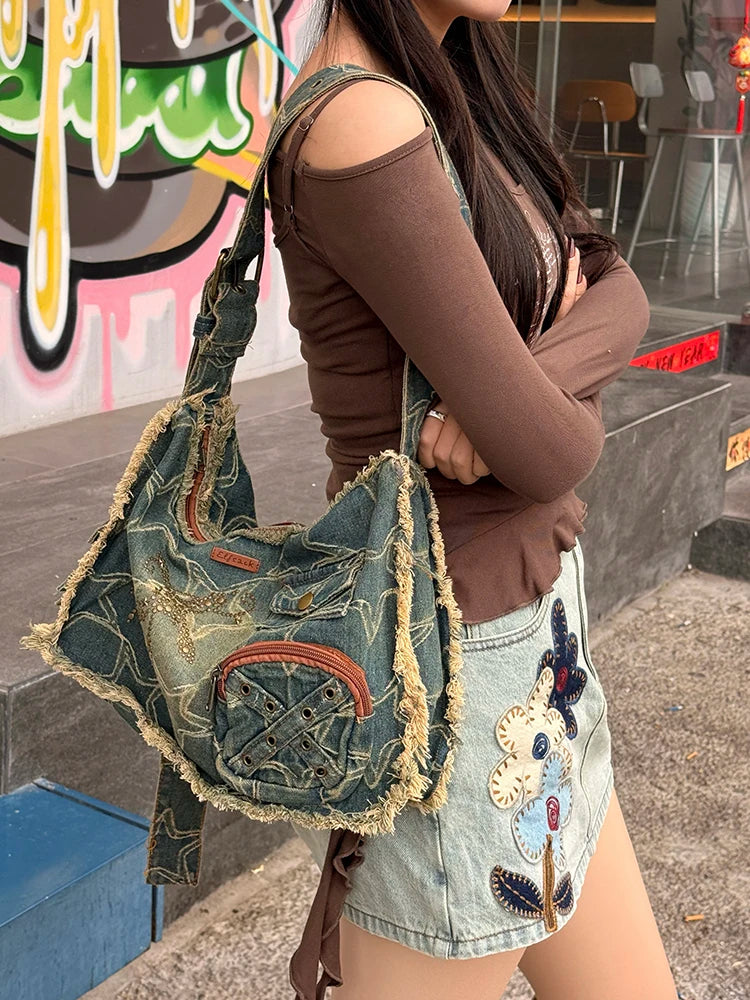 Y2K Vintage Denim Crossbody Bag with Star Print, Frayed Grunge Shoulder Bag for Women, Retro Streetwear Tote Handbag