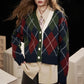 2025 V Neck Cardigan Women, Loose Preppy Wool Blend Sweater, Y2K Diamond Pattern Open Front Knit Top