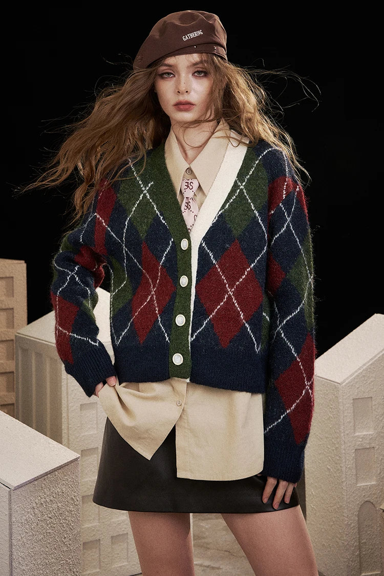 2025 V Neck Cardigan Women, Loose Preppy Wool Blend Sweater, Y2K Diamond Pattern Open Front Knit Top