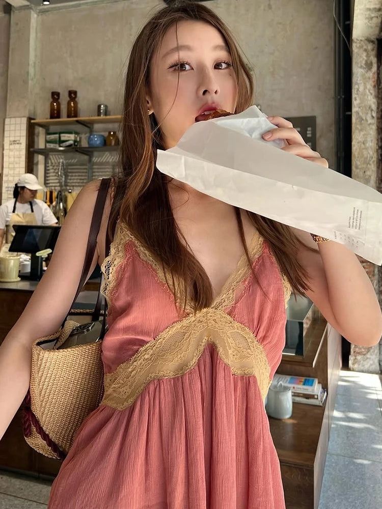 Lace Patchwork Camisole Women v-Neck Folds Sweet Style Chic Leisure Summer Fashion Music Festival Classic Streetwear