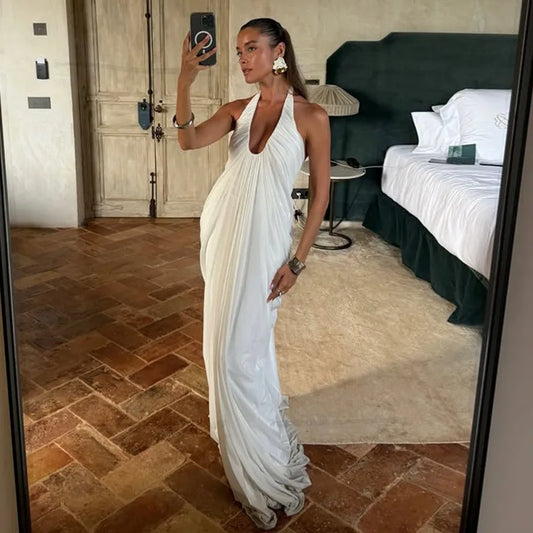V Neck Backless Sleeveless Pleated Long Maxi Dress Sexy Mesh White Dresses for Woman Party Wedding