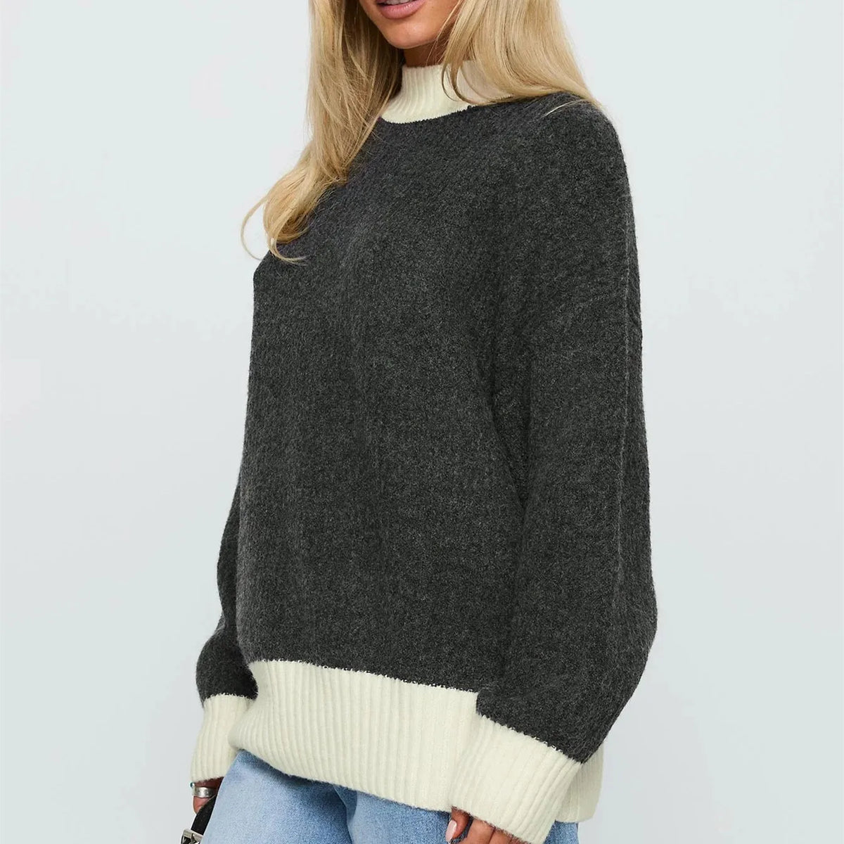 Casual Autumn Winter Women Sweater Korean Fashion Color Patchwork Solid O-Neck Loose Long Sleeve Pullovers Knitted Tops
