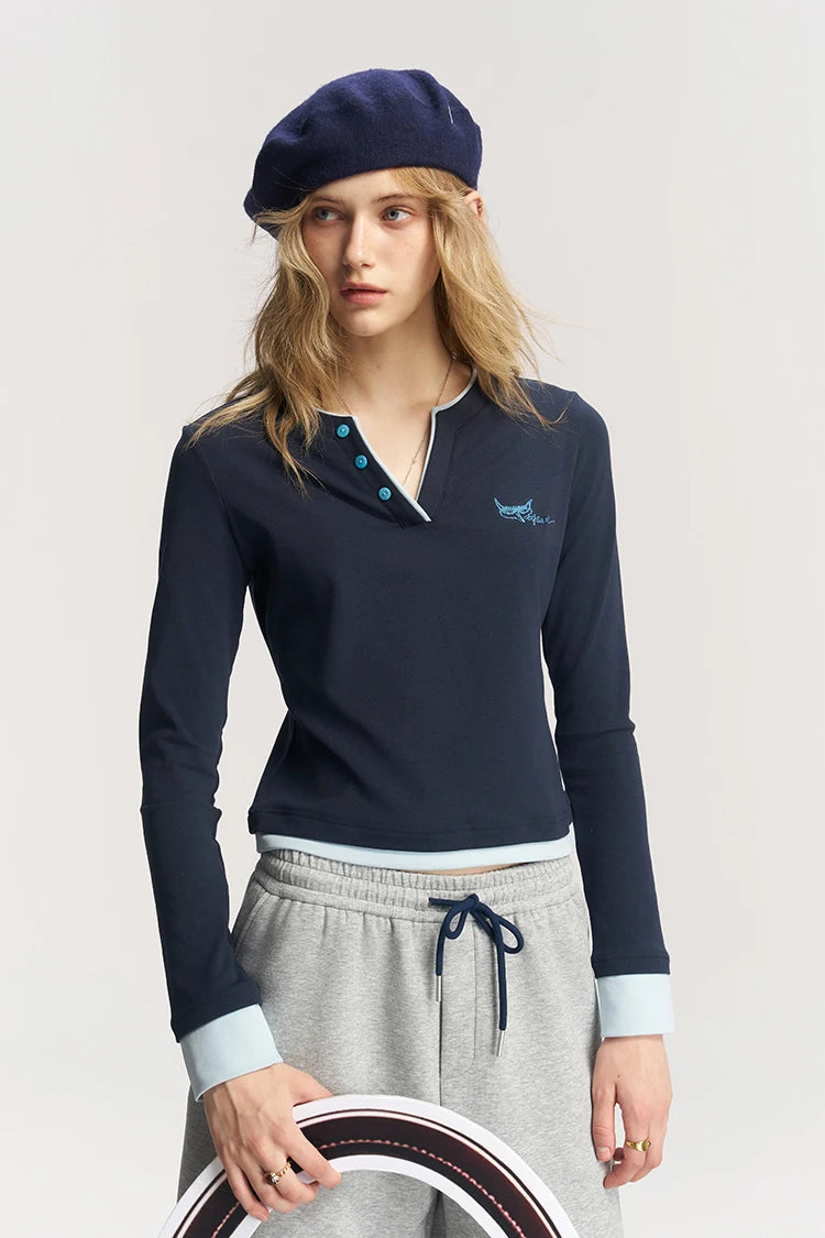 Women's Henley Ringer T-Shirt with Contrast Trim, Long Sleeve Casual Slim Top for Everyday Wear
