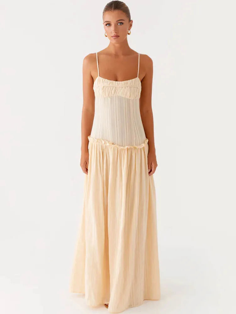 Elegant Spaghetti Strap Sexy Maxi Dress Women Gown Fashion Off-shoulder Sleeveless Backless Pleated Club Long Dresses