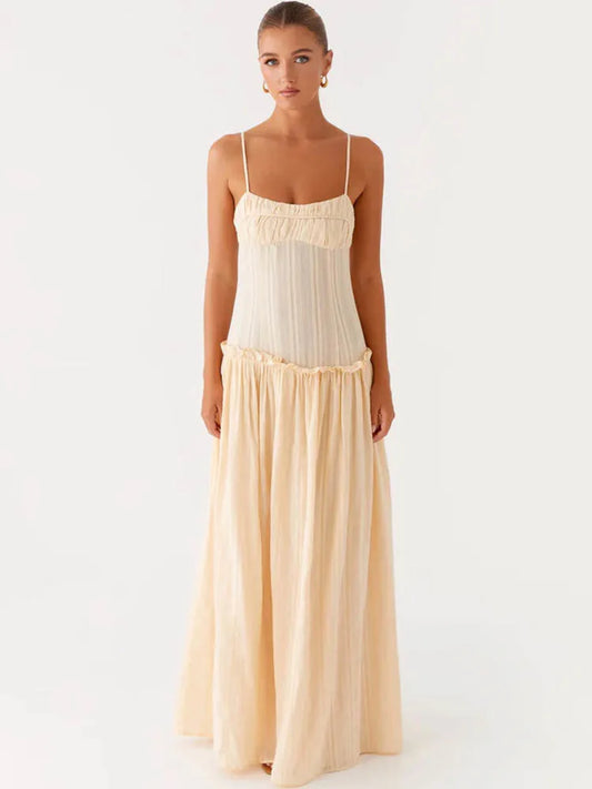 Elegant Spaghetti Strap Sexy Maxi Dress Women Gown Fashion Off-shoulder Sleeveless Backless Pleated Club Long Dresses