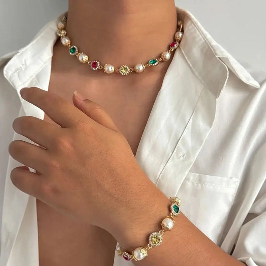 Trendy Luxury Imitation Pearl Choker Necklace Women Exquisite Elegant Colorful Acrylic Rhinestone Bracelet Y2K Jewelry