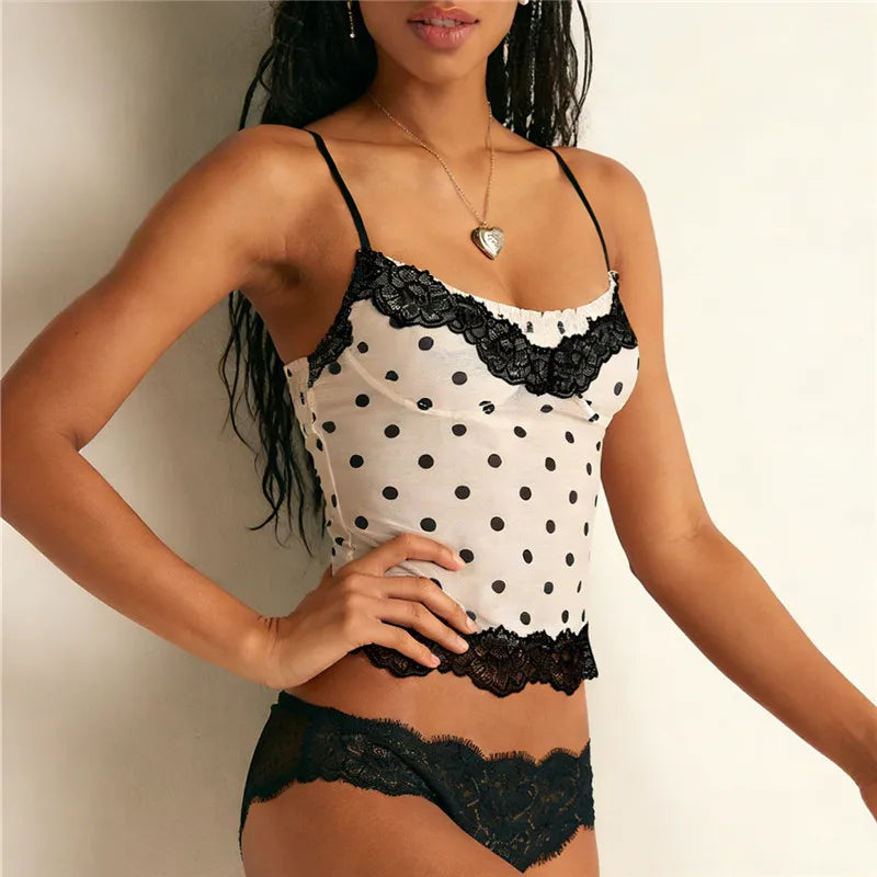 Women's Summer Slim Camisole Lace Patchwork Y2K Polka Dot Print Spaghetti Strap Mesh Tank Tops Streetwear