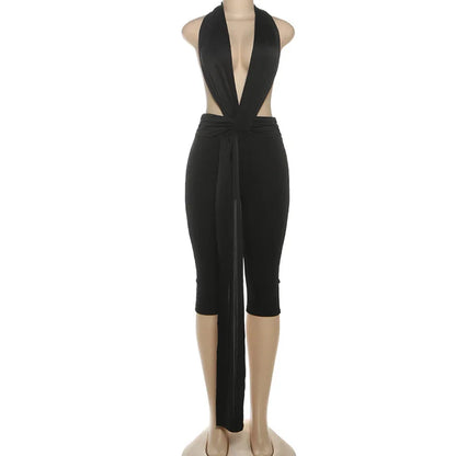 Sexy Women Bodycon Jumpsuit Solid Color Sleeveless Deep V Halter Neck Backless Bodysuit Midnight Activity Slim Playsuits
