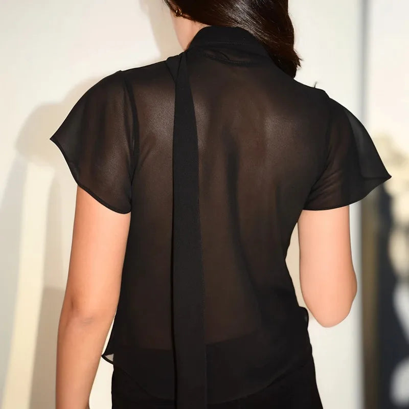Black Sheer Mesh Blouses and Shirts for Woman Keyhole Bow Tie Flutter Sleeve Top Fashion 2026 Woman