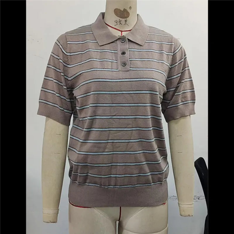 Women Summer Striped Knit Top Short Sleeve Button Casual Knitted T Shirt Vintage Contrast Stripe Basic Pullover