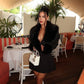 Blazer Mini Dress with Faux Fur Collar and Cuffs Elegant Deep V Neck Long Sleeve Mini Dresses White Black