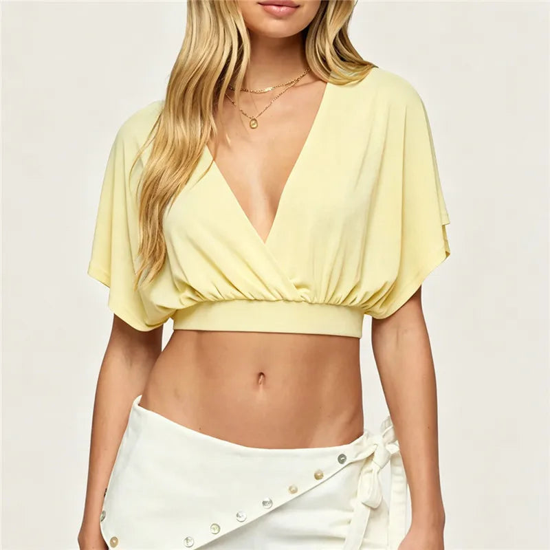 Women Solid Color V Neck Wrap Front Crop Top Batwing Sleeve Ruched Blouse Casual Summer Short Sleeve Fashion Shirts