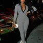 Stripes Print Jumpsuit Women Lapel Full Sleeve Skinny v-Neck Elasticity Autumn Fashion Classic Midnight Streetwear