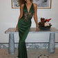 Lace and Satin Elegant Evening Dresses for Woman Party Clothing Sexy Deep V Neck Backless Maxi Dress