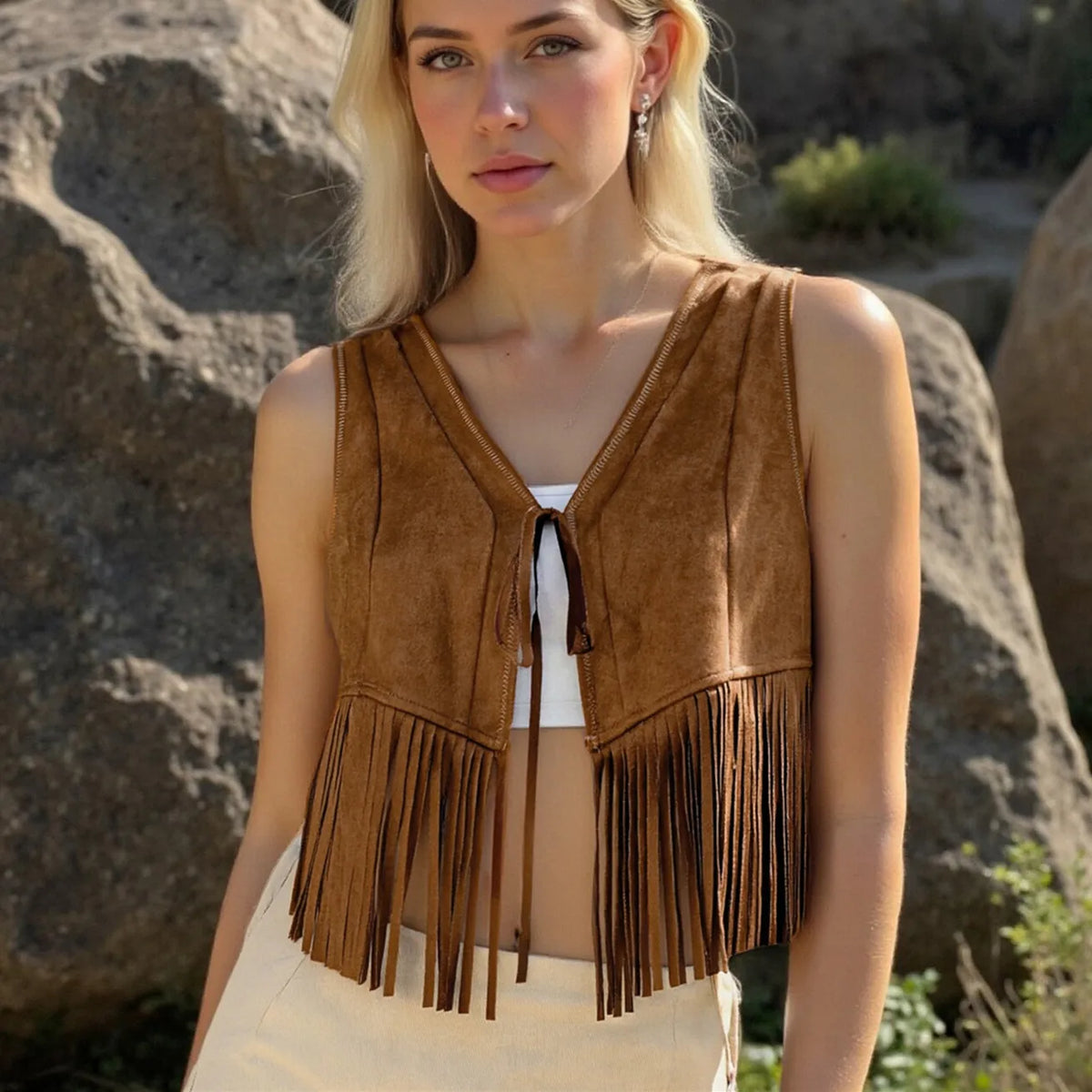 Women Retro Western Fringe Crop Vest Sleeveless Faux Suede V Neck Tie Front Tassel Waistcoat Festival Casual Outerwear