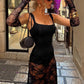 Women Mesh Lace Sexy Maxi Dress Sleeveless See‑Through Long Dress With Lace Gloves Evening Party Club Bodycon Dresses