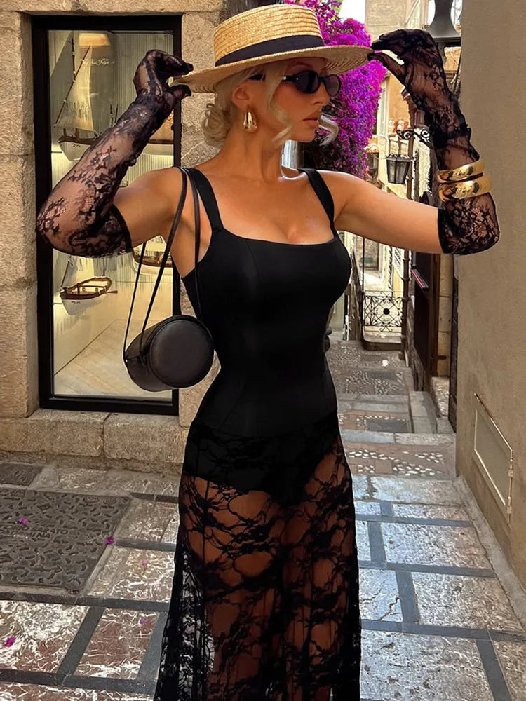 Women Mesh Lace Sexy Maxi Dress Sleeveless See‑Through Long Dress With Lace Gloves Evening Party Club Bodycon Dresses