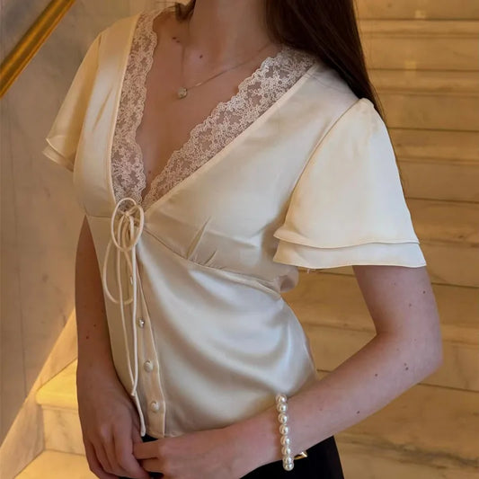Women's Y2K Satin Lace Trim Blouse V Neck Tie Front Puff Short Sleeve Button Down Fitted Waist Streetwear Summer Top
