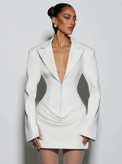 Ruched Blazer Mini Dress Sexy Deep V Neck Long Sleeve Dresses Woman Clothes Fall Winter