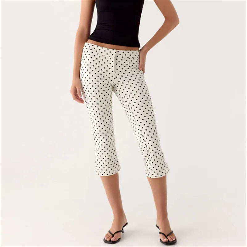 Women's Spring Summer Capri Pants Casual Low Waist Solid Color/Dot Print Slim Fit Cropped Trousers Fashion Streetwear