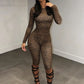 Leopard Print 2 Piece Set Woman Autumn Trend o-Neck Full Sleeve T-Shirts+Skinny Peach Hip Crop Pants Fashion Suits
