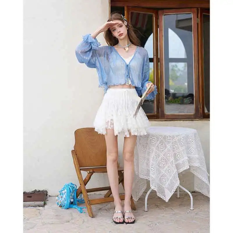 Women's Sheer Shimmer Knit Cardigan with Flared Cuffs, Thin Open Front Blue Shrug for Sun Protection, Holiday Crop Top