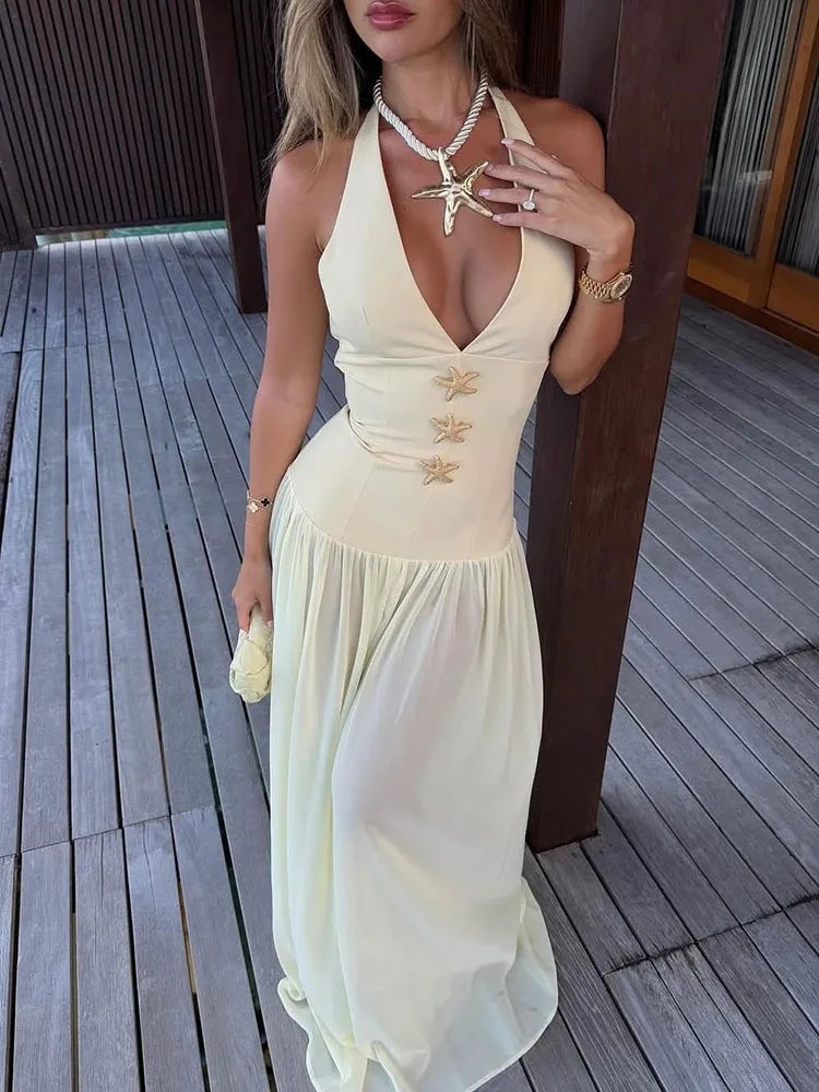 Halter Backless Sexy Maxi Dress Women Gown Fashion Starfish Decoration Deep V Neck Sleeveless Beach Club Party Dresses