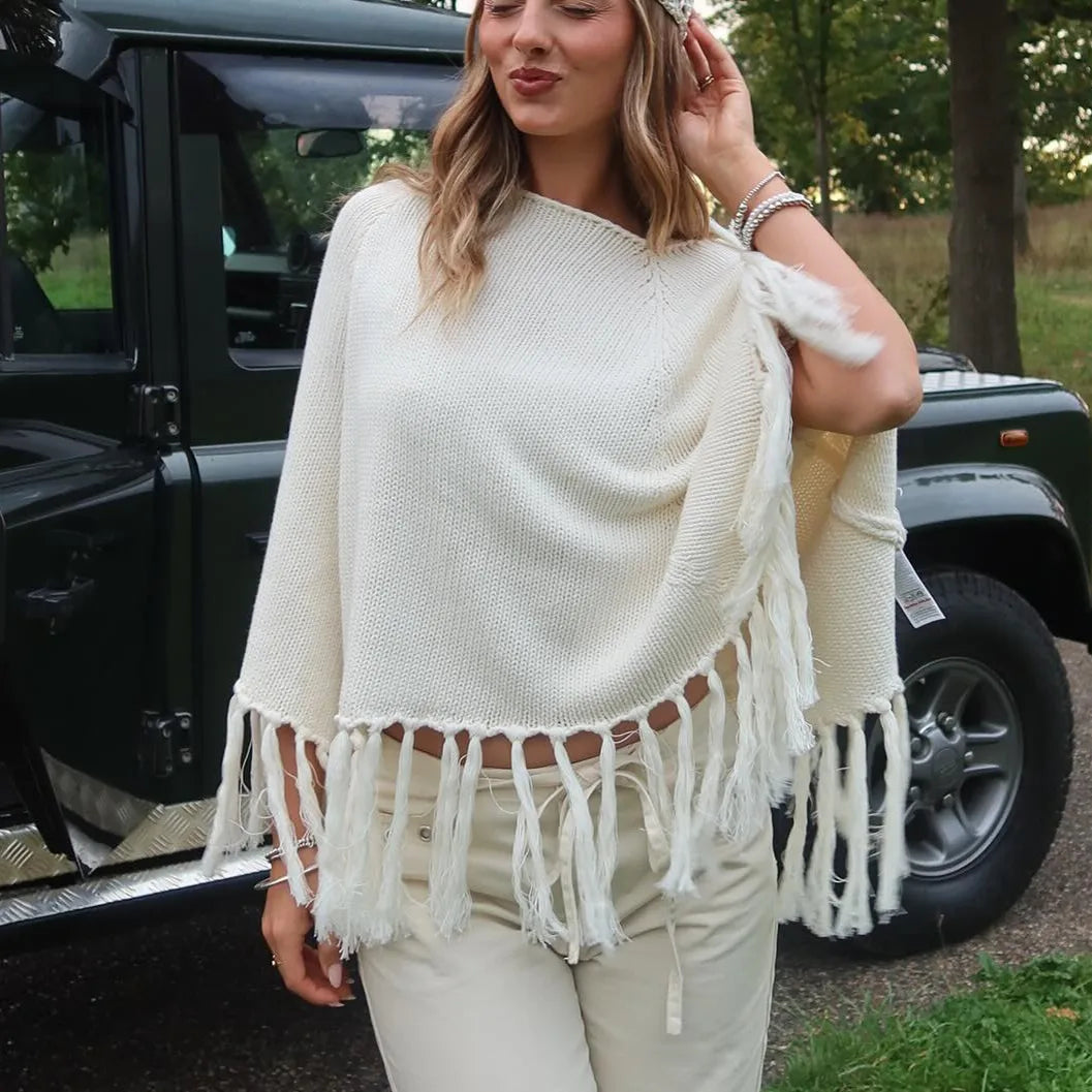 Women Knit Poncho with Tassels Loose Solid Color Boat Neck Cover up Tops Casual Winter Fall Shrug Sweaters
