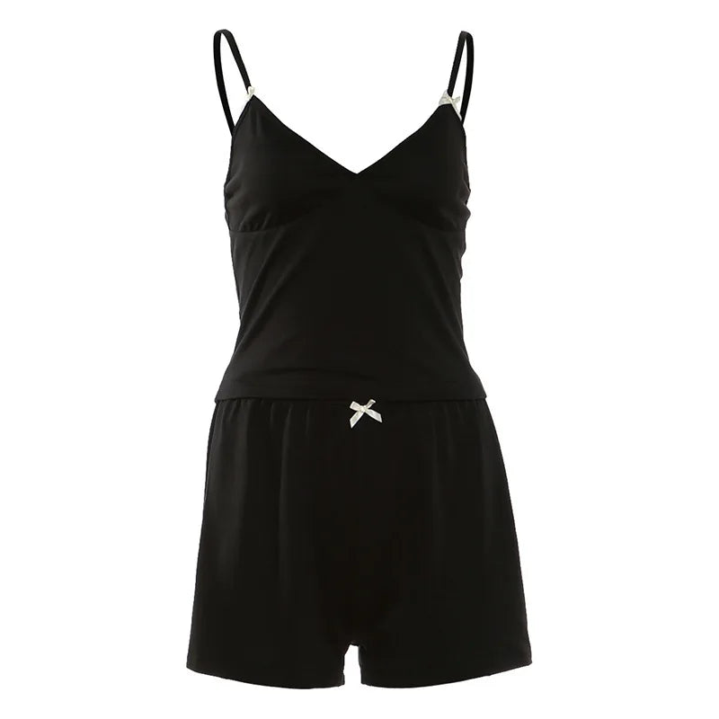 Sporty Streetwear Women Trend Simple 2-Piece Set Trend Fashion Bow Appliques Low Chest Camisole+Shorts Hottie Suits