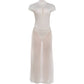 Bead Single-Breasted Dress Women Elegant Turtleneck Short Sleeve See Through Hem Basic Fashion Evening Party Vestidos