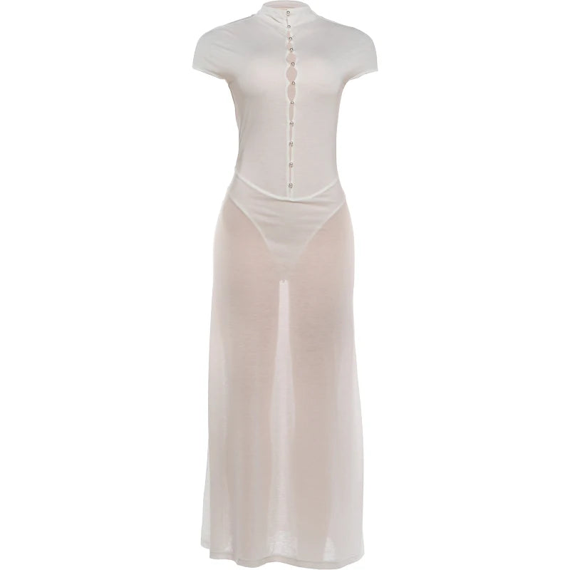 Bead Single-Breasted Dress Women Elegant Turtleneck Short Sleeve See Through Hem Basic Fashion Evening Party Vestidos