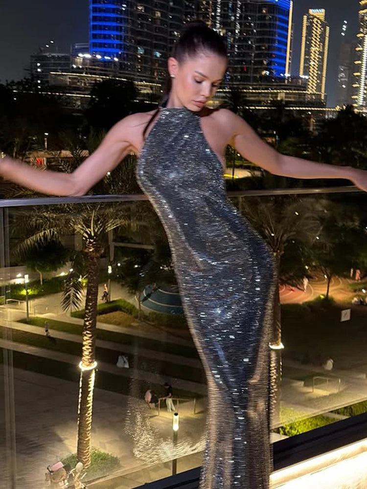 Halter Off Shoulder Long Dresses Woman Shiny Elegant Backless Robe Gown Midnight Cocktail Party Hipster Skinny Vestidos