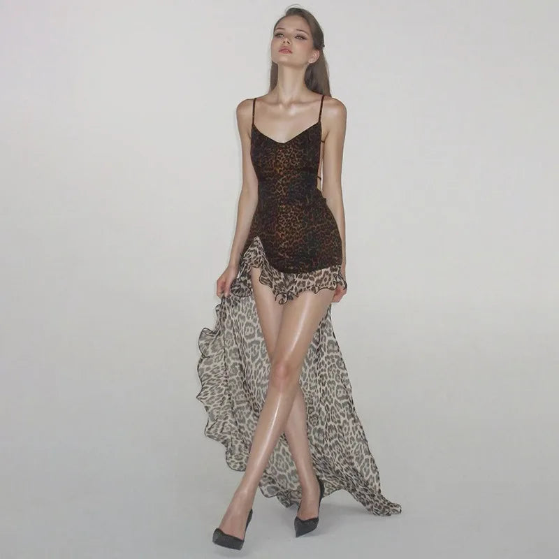 Leopard Print Elegant Party Dresses Sexy Open Back Sheer Ruffled Mesh Maxi Dress Fashion 2026 Woman