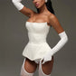 Women White Strapless Corset Top Structured Bustier Peplum Hem Waist Shaping Tube Top Night Club Party Evening Outfit
