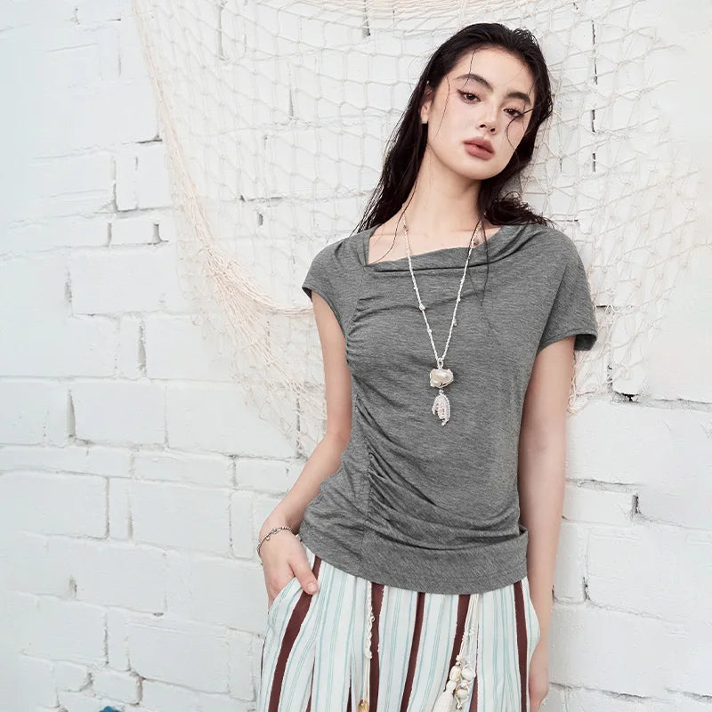 Cowl Neck Ruched Fitted T-Shirt, Draped Front Short Sleeve Top