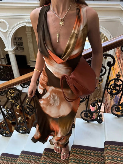 Cowl Neck Sleeveless Long Dresses Elegant Vintage Printed Summer Dress Woman