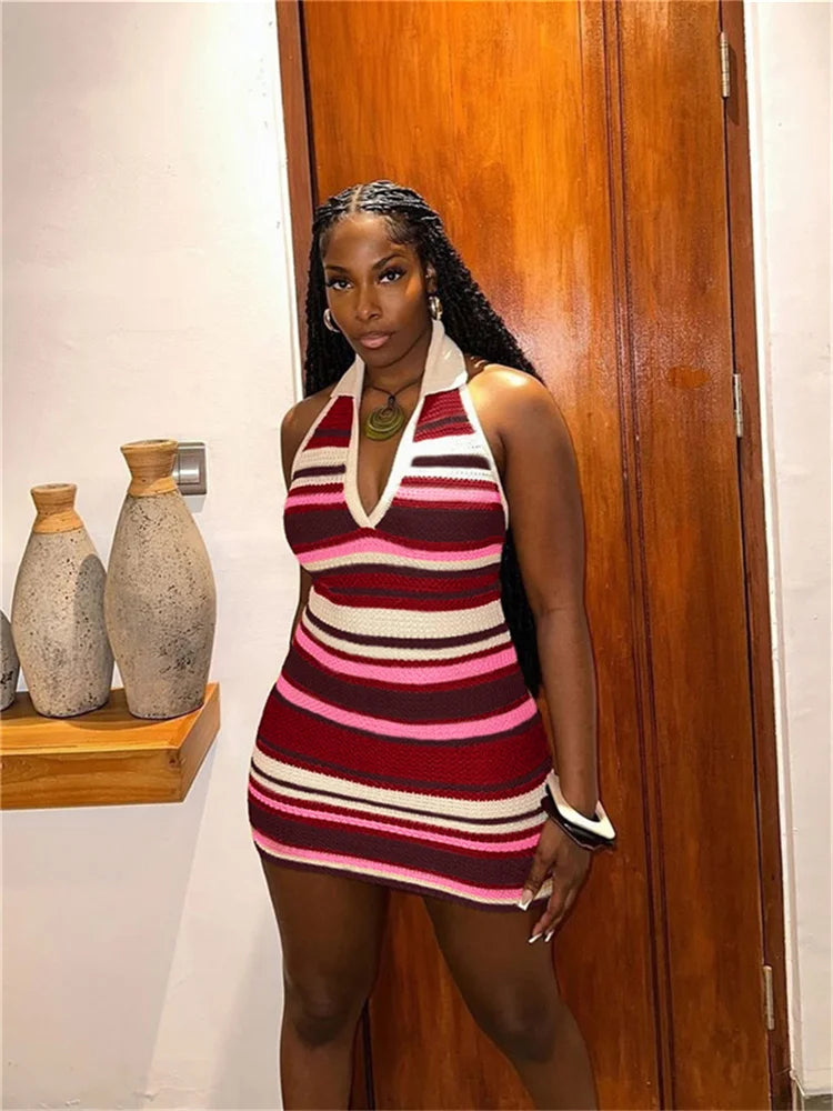Crochet Stripe Patchwork Dress Women Halter Polo-Neck Backless Sleeveless Skinny Peach Hip Sexy Fashion Mini Bodycon