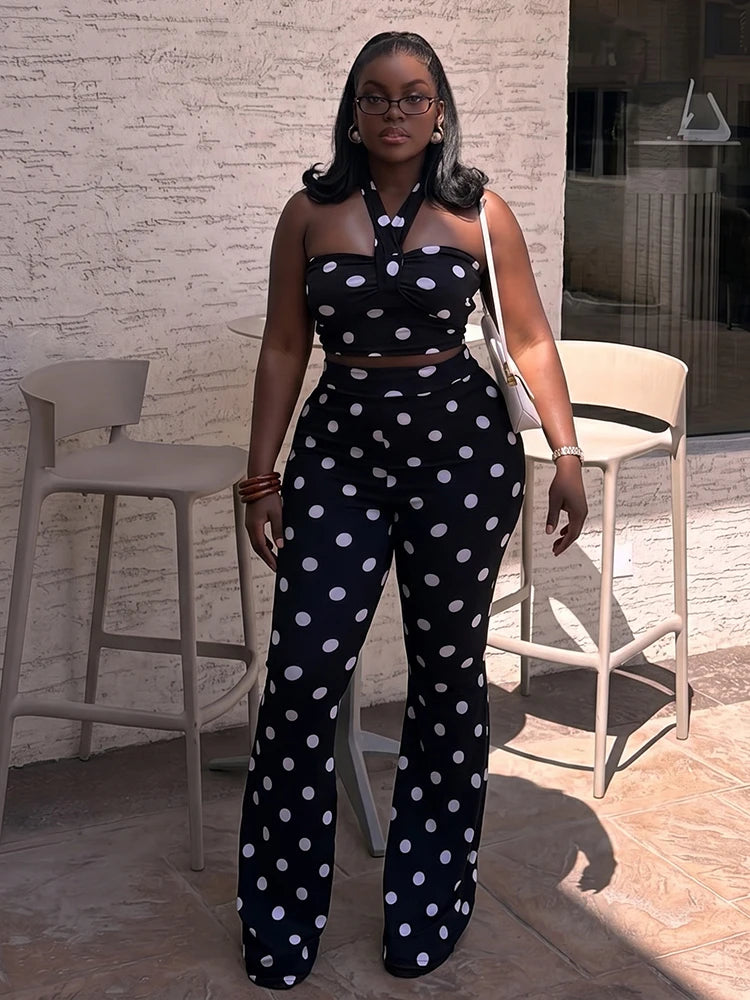 Sexy Fashion 2 Piece Set Woman Polka Dot Print Halter Backless Tank Tops+Elastic Waist Pants High Street Style Suits
