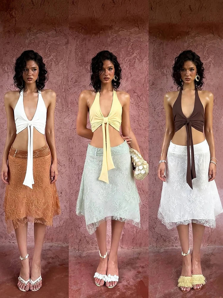 Hater Backless Bandages Ruched Crop Tank Top+Jacquard Patchwork Skirt Hottie Sexy 2 Piece Set Women Fashion Streetwear