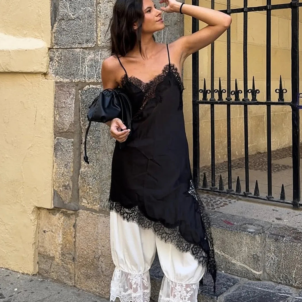 Women Y2K Lace Trim Satin High Low Tops Silk Spaghetti Strap Side Split Asymmetrical Cami Top Flowy Silky Layering Tops