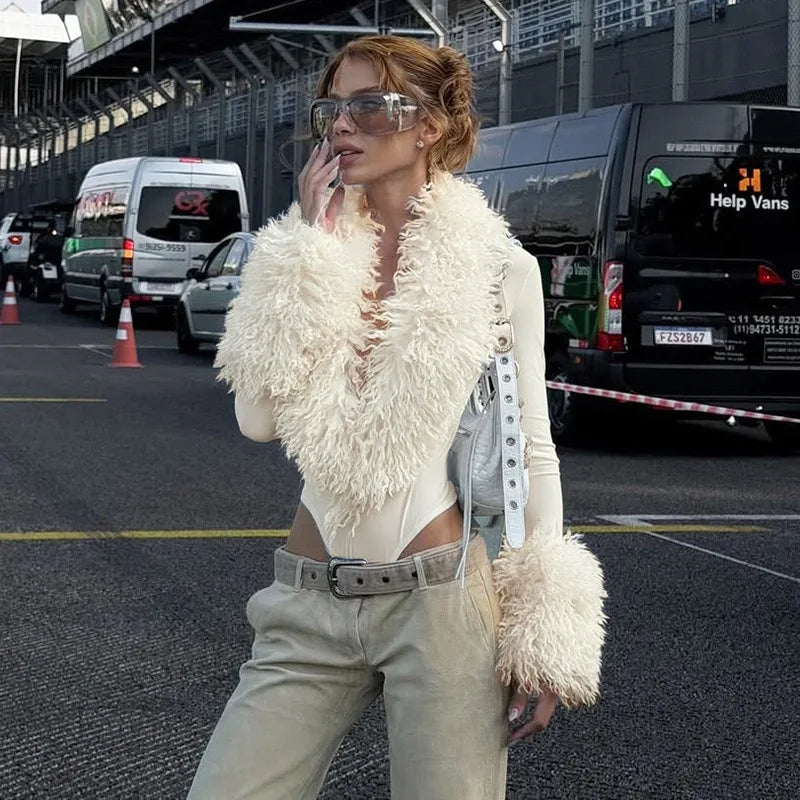Faux-fur Collar Deep V Neck Long Sleeve Bodysuits & One Pieces Bodycon Top Women' S Clothing Winter 2026