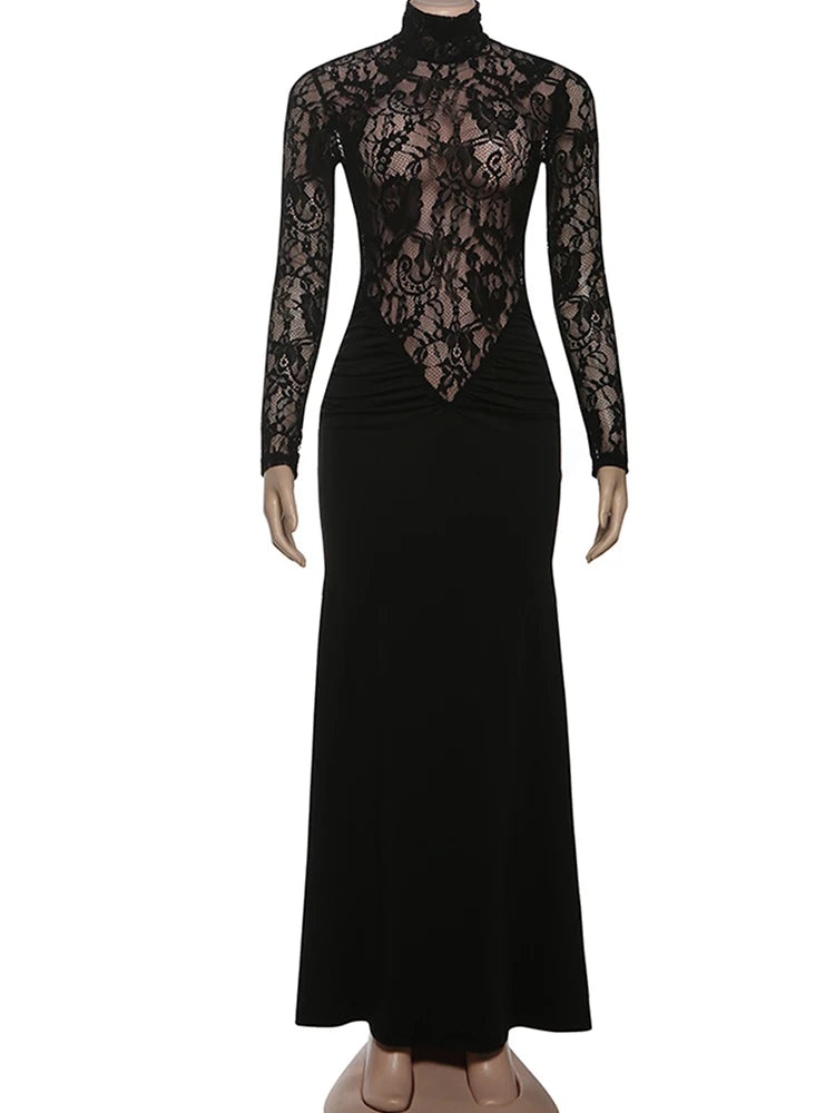 Lace Patchwork Maxi Dress Women Turtleneck Full Sleeve Skinny Folds Zipper Sexy Midnight Fashion Prom Party Chic Vestidos