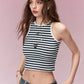 Fitted Tank Top with Minimalist Logo Embroidery & Stripes, Sweet Cool Slim Camisole for Women, Versatile Layering Basics