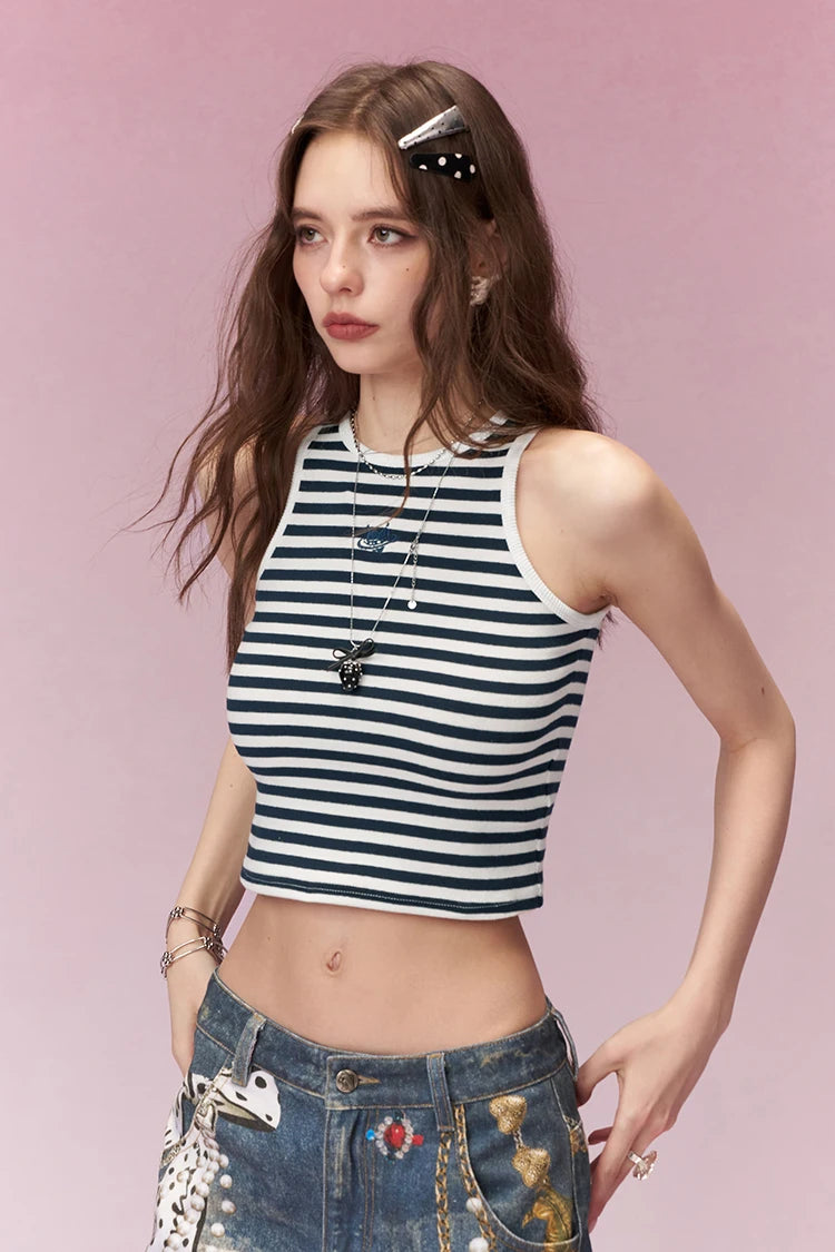 Fitted Tank Top with Minimalist Logo Embroidery & Stripes, Sweet Cool Slim Camisole for Women, Versatile Layering Basics