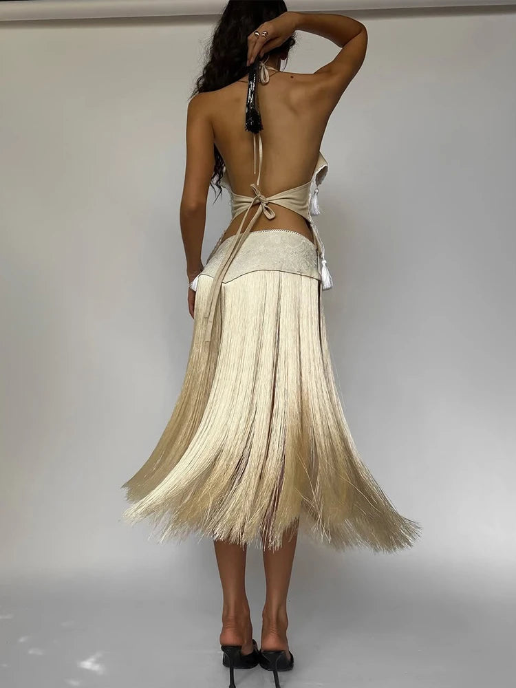 Prom Party Tassel 2 Piece Set Women Irregular Halter Backless Bandages Tank Top+Patchwork Skirt New Trend Sexy Streetwear