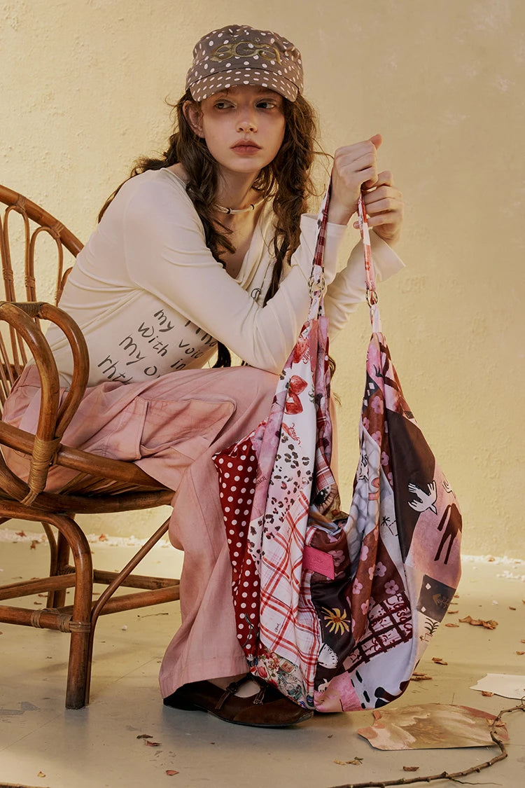 Women's Patchwork Mixed Print Canvas Shoulder Tote Bag with Adjustable Strap, Multi Pattern Large Casual Shopper Bag