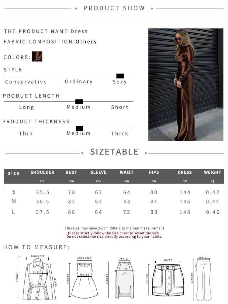 Fashion Silky Satin Long Dress Woman Autumn Trend o-Neck Full Sleeve High Waist Robe Daily Casual Ruched Elegant Vestidos