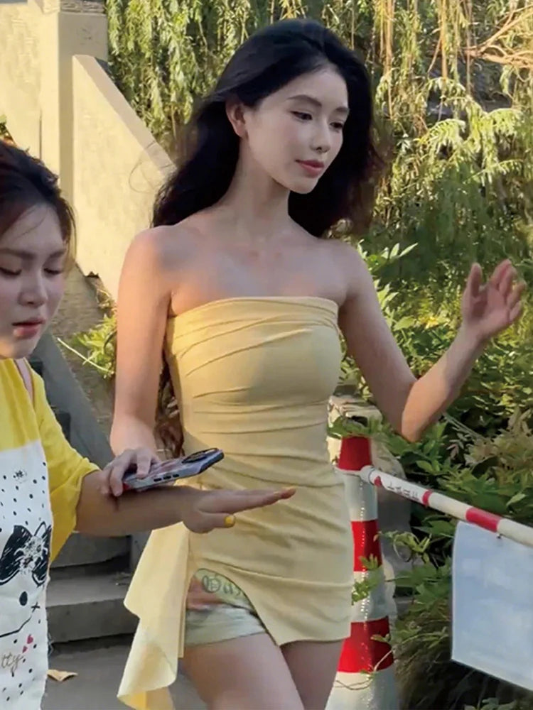 Chic Sexy Dress Women Sleeveless Ruched slit Irregular Hem Stretch Skinny Beach Vacation Midnight Party Club Bodycon