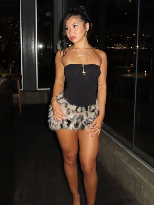 Patchwork Leopard Print Plush Hem Dress Sleeveless Sexy Midnight Hottie Clubwear Wild Fashion Skinny Coquett Mini Bodycon